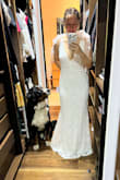 This type of fabric can be so hard to get right, this is a high quality embroidery, the dress is perfectly fitted and looks amazing!!! Can't wait to use for my wedding day! Thank you for making me feel special on my special day at an affordable price!!
I love it is a bit long so that I can fit it to my exact size! 
PS: my dog couldn't stop staring at me, I think he loved it! Can't wait to see what my husband thinks! - Michelle