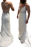This is "the one" for me! I will be wearing this on my wedding day. What caught my eye was the lace and pearl embellishments!! I was so pleasantly surprised by the quality, detailing and the fit. The fit is as described! I ordered at size 4 based on my measurements and it fits like a glove throughout my waist and hips. The only alternations needed is a hem. It is about an inch too long with 3 inch shoes (& 5'4 height). The other alteration needed is the chest. There is some gapping with my smaller chest, but can be fixed with inserts!
I am so excited to walk down the isle in this dress! - Lauren B.