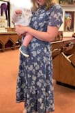 Wore it for a baptism and got a ton of compliments. I sized up based on other reviews and am glad I did otherwise it may have been tight in the bust. Very comfortable and the color is a beautiful grey-blue. - Jody S.