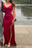 I bought this dress for prom and it was awesome! The color is a bit deeper than the picture a bright magenta. So gorgeous, soft, and sexy. The dress skimmed the ground for me with heels on. Many compliments :) - Kathryn H.