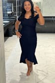 I'm between a medium and a large. I ordered both sizes but went with a size up because the medium was too tight in the chest area. There is no zipper so I had to slip the dress over my head. A little challenging since the dress was longer and form fitting. It's a thicker material which I liked as well. Overall it looked great on! - Tierra L.