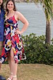 I wore this dress for a destination wedding and I loved it! I will say that if you are larger chested this dress may not work. I wore a sticky bra with this dress and it definitely showed a lot of cleavage. Overall super cute dress love the low slit on the side of the dress too! - Ashley S.