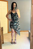 Love this dress. Fit true to size and very flattering. You can definitely go without a bra or a nice strapless one. I was surprised at how good it looked without a bra, and how supportive the lining and straps were. The velvet was so pretty and the asymmetrical hemline just made it even more beautiful. - Jennifer C.