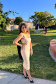 This dress flattered my body so well and the material is extremely comfortable. I bought a Sm and Xs and chose to go with an XS. The small was a tad large on the straps and the back material, but the thigh area was a tad tighter than would like. Decided to go for the XS even though it was a tad tighter on the thigh area. After a wash and air dry the material stretched the thigh area out and fit perfectly! 10/10
For short girls, the material is longer than the model in photos, but imo I think it looks better longer. - Vanessa E.