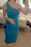 Cant wait to wear this to my friends wedding the blue color is stunning in person and in photos. Currently 27 weeks pregnant and I only purchased one size up above my usual pre-pregnancy size. (Normally a small, got a medium) looks so cute with the bump! - Sarah H.