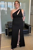 This dress is form-fitting but was loose around the bust as I do not have a large chest; hence the fits true to size marker. CAUTION: The slit is extremely high. I had to have the slit sewn so that I could comfortably wear this dress to a black-tie dinner. Had I not had it sewn I wouldn't have been able to sit down without causing a scene. - Lauren M.