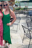 This green is a beautiful color and this is a new summer and spring staple dress for me. Really pretty and nice fit. Might be a little tight in the chest for some but worked well for me. Straps are adjustable which was nice! - Jenna D.