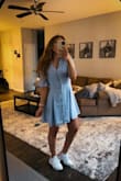 This is my favorite dress! I bought it in the blue and loved it so much I ordered 2 more colors. It's a great dress and super flattering! I got a ton of compliments when I wore it. I dressed it down with sneakers, but it would also look super cute with wedges or sandals! - Shelby S.