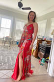 Awesome dress; great quality, thick. I would have bought a small
though. I am small chested. I loved it. It is a beautiful dress. I've worn it to three occasions since purchase! On one occasion I got a navy blue ribbon and used that as the belt and it gave it a great look with a bright yellow short cardigan. - KT L.