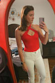 This is a lovely red bodysuit. The neckline is a little lower than I thought, but not indecent. Bodysuit fit well on my torso (5'8"). Very cute for a date night. - Kelsey L.