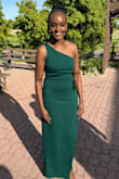 I used the "fit finder" to assit me in ensuring that I got the right size dress and it worked out very well. I went with the suggested size on the "fit finder". The dress was perfectly tailored, the material was just the right thickness for a cool May wedding. I highly recommend this dress and would buy again in a different color - Vicky W.