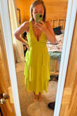 This dress is so fun! The green is so bright but not in a tacky way (or so my judgmental mom told me). The dress fits pretty true to size but the top is fitted. The only part I was worried about was my bust, Im a 32DD. It felt snug right under the bust but I dont feel like it was too uncomfortable or that I was spilling over in a tacky way (you be the judge). I could fit a bra under but the material was thick and supportive enough to hold up my saggy, pushing-40 breasts. The length hit my ankles but I think it would actually be cuter for a taller person with a bit shorter hem. Material felt great and Im really excited for this unique dress! Totally worth the price and guarantee you wont ever twin with the bridesmaids at a wedding. - Ashley C.
