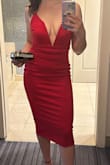 Solid material. But still has a little stretch. Adjustable straps so they're not falling down on you. Plunging neckline held in place with boning. Thick enough not to worry about undergarment lines. Fits well. Looks good. Comfortable. Absolutely love it. I got a size small and it was a perfect fit and comfy. 5'10, 158 lbs. - Ivana L.