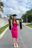 I wore this dress for my graduation and loved it! The color is vibrant and the material had some give to it, so I was able to wear it for hours without discomfort. Everything stays tights and the dress is very flattering on my figure. Get this dress, you won't regret it! - Angie N.