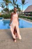 Love, love, love this dress.  The material and lining are light weight and flows with the wind.  The shape of the skirt and slit are flattering to any age and size. Perfect for my bonus daughters destination wedding. - Pamela W.