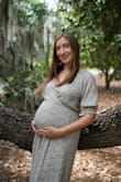 My pre-pregnancy info was 120 lbs; 34C; waist 27; hips 37. I took my photos at 30 weeks along and used those dimensions in the review in case anyone else was thinking about using this as a maternity dress. I listed my waist as 27 inches (my old measurement) because I haven't been measuring my waist but know it is much bigger and ever-changing. This dress worked for maternity photos, however, because it is not actually a maternity dress the back was slightly baggy because of the way the fabric had to fall over my belly. It also made it more baggy around my chest so I had to pin the cleavage a bit. Great dress all around and glad I can wear it after pregnancy as well. I tried on a M and L because I wasn't sure what would work with my bump and they were way too big/baggy on my 5'3" frame. - Emily K.