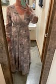 I wanted a long dress for a semi formal outdoor June wedding in the mountains of Virginia. I knew it could get a little chilly and I was happy to have the long sleeve vs carrying something extra. I was comfortable from day to evening. The material is light weight but the dress is very long and I had to pick it up to walk comfortably (wore flats).
I'm a little busty so I opted to wear a lace cami for extra coverage but if I had tape it would have worked as well.
I received many compliments. If you are tall, this dress is perfect!! - Lindsay C.