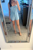 I really like this romper. It's definitely lightweight and thin, but that's what I wanted as I plan to take it to Hawaii and wear it in the summer when it's warm out. For size reference I am 5'5 and my measurements are 34C (or 32D), 25 waist and 34 hip. I'm usually a XS or small, and I got the XS in this romper and it worked. I do wish it was a tiny bit longer but that's okay. It's a tad snug in the chest area so it gapes a tiny bit but if I go up a size it will be too loose. Not noticeable enough to be an issue. I'm keeping this one and I'm glad I purchased! - Michelle P.