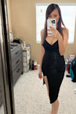 Love this dress! Wore this for a girls night out while I was 13 weeks pregnant and no one could tell I had a baby bump. Very sexy dress. Got a lot of compliments with it. Very comfy and stretchy material. Runs true to size. - Vivian N.