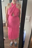 This dress fits pretty well in the stomach and waist, but the top is so blousy! I'm pretty small in the chest department, and I don't think bigger breasts would even help. It is SO BLOUSY. Very disappointed because it's such a fun color and style, but it would require major alterations to actually wear. - Samantha G.