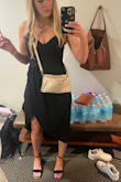 I loved this dress for a fancy bachelorette night out but will totally be able to wear it again. I ordered a SMALL and it was snug on top but I liked that it was fitted. If you're on the fence and think you'd need more room, get the medium instead! Very flattering silhouette, nice material, strapless bra-friendly. It was a really nice option because it's not short but the slit is sexy and midi dresses are so versatile! - Katherine P.