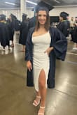 I wore this dress for my graduation. I highly recommended this dress for short girls in particular. I'm 4'11 and I have a very hard time finding dresses that fit well and aren't too long. This one worked perfect. It is lined so it's not see through and I felt like it smoothed me out and accentuated my curves. - Jessica W.