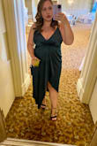 This emerald dress is stunning. I got so many compliments when I wore it to a formal wedding. The color and fabric is so beautiful. The ONLY thing I didn't like is it kind of laid weird on my bust, but I was really the only one who noticed/didn't like it. Otherwise loved this dress and fit really well! - Amanda H.