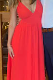 This dress is beautiful! The fabric is light and breathable. The color was exactly as pictured and even prettier on. I was a bit nervous about the chest area because there isn't really any padding and sticky's don't work on me, but I ended up fine wearing nothing under neath. You will also definitely need to iron it when you get it. Super fun and comfortable! - Brianna B.