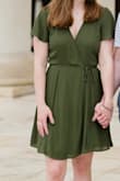 Pros: I love the color and wrap design for my engagement pictures. 
Cons: The biggest issue is that the dress shrunk to an unwearable state when washed--I washed the dress by hand with cold tap water and hung it to air dry as the instructions detail, and the top layer still shrunk. Now, I have a $60+ dress that I cannot wear.
Additionally, the V is deep and does not stay together. I felt like I was going to flash our photographer every time I moved even though it was safety-pinned. - Liz B.