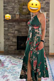 This dress is beautiful. I am usually Size 2-4/25-27 Jean size. The small fit everywhere but my top half. I have an athletic build (broad shoulders, muscular back). I sized up to a medium and it fit better around the top, but now it was too big. It was also really long. I am 5'6", wore 3" heels and still had 7" hemmed off. It still hit my ankle. I wish the top part fit better, but I wasn't paying for someone to take it in. I used fashion tape to hold it in position better.
I got a ton of compliments and felt beautiful in it despite it not being the "perfect fit". Can easily be dressed "down" for a beach vibe with a denim jacket. - Jenn S.