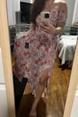 This dress is so pretty! Love the red and pink combo and slits on the side. It's super feminine and flattering on. I'm usually between a small and medium. Decided to go with medium and the sleeves fit perfectly. - Jen K.