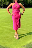 I'm a Medium but for this dress, I followed the reviews and got a small. I have an athletic frame and the dress structure is a bit different in the hips. But getting a small made it perfect! The dress has hips if that makes sense. My desired fit was fitted so that's what I got. I am obsessed with this dress! Love the color, love the slit, love that it's lined! - Annette P.