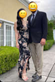 I love this dress. It was a much lighter material than I was expecting but that made it even better to wear for a June wedding. Im 55 and wore 3 inch heels and the dress just barely grazed the floor so it was a perfect length with heels. Long torso but slim girls may have a little issue with where the hip placement is on the dress. Medium probably would have been a better torso length for me but would have been too baggy. I chose to stick with the small, the hip placement was barely noticeable. Got compliments all night! - Holly M.