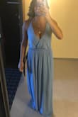 Absolutely in love with the dress! Wore it to a beachy wedding with a necklace and sticky bra I bought both from Amazon. Shipped quickly, perfect length, and great fit! I would highly recommend this dress. I don't have the chest to go braless with so I ordered one of the sticky bras with the pull string in the middle, worked OK. I would recommend using just tape if braless is an issue. I wore 1 1/2 inch heels and it was perfectly floating off of the floor, no alterations needed, shoulder straps occasionally fell off. - Raelene S.