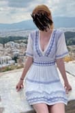 I went to Greece this summer and bought this dress just for the trip! 
I got many compliments about how Greece it looked. Super cute and love it.
The only thing I had trouble with was how low the V neck went. I was constantly having to fix it. - Kjersti J.