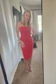 Ordered this for a wedding! Super beautiful red color! I wish the slit was more in front. Length was right below the knee. Fit perfect! Definitely order true size! - Kelly S.