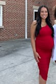 Although this isn't a maternity dress, I am 25 weeks pregnant and wore this for a party. It fit perfectly and looked amazing in photos! I love the one-shoulder, ruching, bodycon, midi length, fabric, and stretch! I got so many compliments! - Briana N.