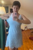 I've had my eye on this dress for a few months and finally decided to get it for a cute summer fit! I'm pretty disappointed with it however. The bust and waist are too big which is crazy because I'm a 32F/G. It also is more of a true blue as opposed to the slightly more turquoise color that's in the product image. I got it with a gift card so I'm not going to bother returning it, but it definitely isn't what I was expecting/wanting. 
Also, the store somehow had the wrong address connected to the package. The address I gave them was right, it was right on the package itself, but when the post office scanned it, it was connected to a different address. I had to deal with the post office over the phone and wait 4 extra days before I was able to get it due to the stores mistake. That then combined with the weird fit has made me not want to purchase from here again. Overall not a great experience. - Sophia K.