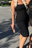 Loved the material of this dress! Stretchy but very comfortable- the hips fit great but my top was gaping.
Easily could have sized down.
Wore without a bra- the material is lined and thick so it was perfect.
Maybe a little long- even for my 5'10" height. Perfect for an upscale dinner in Vegas.
Loveeeee the gold zipper and slit! - Tia M.