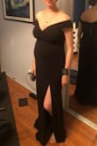 Classic and sexy style, quality amd thick material but stretchy! I'm 23 weeks pregnant and bought this dress in 2 sizes up from my pre-pregnancy size and it's fits great! I will be 30 weeks at the wedding so I took it to a seamstress to see if she recommended I go even bigger to allow for belly growth, but the material is so stretchy that I didn't need to! This was great news because I was worried about altering the top (and $$$)-- this neckline is gorgeous and seems to stick well to my skin (there's a clear coating along the top). - Kelli B.