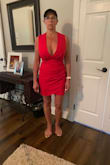 It has a low plunge and fits very well. Fabric is heavy so May be hot for Texas weather. - Janis H.
