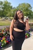 I overnighted this dress in L and XL because I ordered 3 different dresses from this app in L and it was either too small or perfect around the hips but too small for my upper body. This dress is superrrr stretchy!! I would size down! It's beautiful and comfortable! I felt sooo beautiful!!! Get this dress!! 1000/10 - Alexis B.