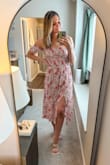 I saw this dress during a recent sale and thought it was so cute! I'm usually between a small and a medium in lulus dresses, it just depends on the fit. I opted for the medium in this one based on some reviews saying the sleeves are tight. It fits perfectly! It's super lightweight, not see through at all, and I love the pattern. I also love that it has a slit on both sides. - Ava M.