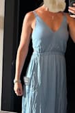 I absolutely love this dress!! I wear size small. The only challenge I had was it was too short in the back for me because I have a longer torso, so I don't think it fell quite right in back... but I love it, SO, I bought a second dress and cut a few straps off to sew on to the spaghetti straps (no easy feat!) to make it a little longer (literally only a few inches...) in the back, & now it's great.  Cannot wait to wear it in Europe.
 I'll use the other dress - that I agonizingly cut the straps off - as a skirt!! 
It's so well made, well lined, beautiful color, comfortable, sexy - I LOVE this dress!!! (Not a great picture, it's right out of the package & before I lengthened the straps in back.) - Jill O.