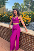 Fabulous color and cut. The pants are a bit long so you may need a quick hem. Slit goes very far up the leg so it's very sexy and the perfect summer dancing outfit. - Lisa M.