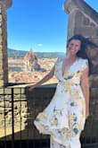 Beautiful dress! I received so many compliments! It is a little low cut in the front, but if that does not bother you, go for it! Just for reference, I bought a large. And my measurements are Bust 40, Waist 31, Hips 43. - Jeanette S.