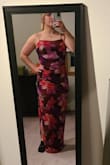 Such a fun pop of colors and the slit is high enough to be sexy but far enough to the side that it's not noticeable unless you want it to be. And the adjustable straps are always a winner. As a shorty heels are best, otherwise it's on the ground, but just barely. - Bryn L.