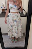 The xs skirt was very large and overwhelming on me. Hoping with tailoring, the set will look better. Cute pattern, good quality. The top fit, also a little large since I'm small chested. - Elizabeth J.