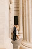 I bought this dress for my engagement photos and it was perfect. I wanted something classic, timeless, and flattering for my physique and this fit the bill. The low back is sexy but still classy, and my fiancé loved the way it hugged my curves! It fell around knee-length, I did not have an issue with the straps falling or not fitting snuggly with the backless style, and breast petals worked just fine as an alternative to a bra. Highly recommend. :) - Jackie S.