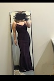 Love the fabric. It's stretchy but still a classy (and more expensive than this price point) looking crepe. The purple color is a true plum/dark purple that matches the photos online. The one I uploaded is a bit darker since the lighting was harsh. I didn't need to wear a bra and still felt like I got a good lift, even as a 36H. The back buttons are cute but you'll likely need help with them. I'd consider myself a curvy body type and a Large fit without gaping anywhere. I'm 5'8" and with 3" heels, the dress grazed the ground. - Allison K.
